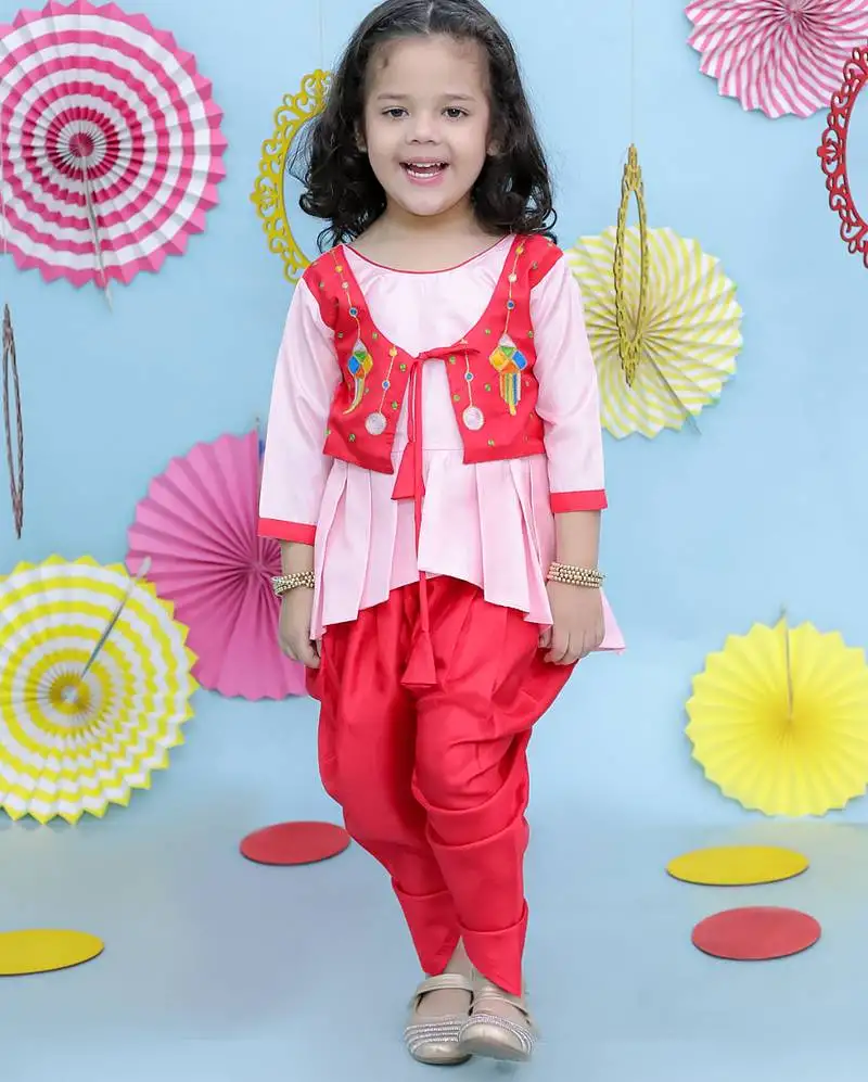 Red embroidered silk top with dhoti for girls