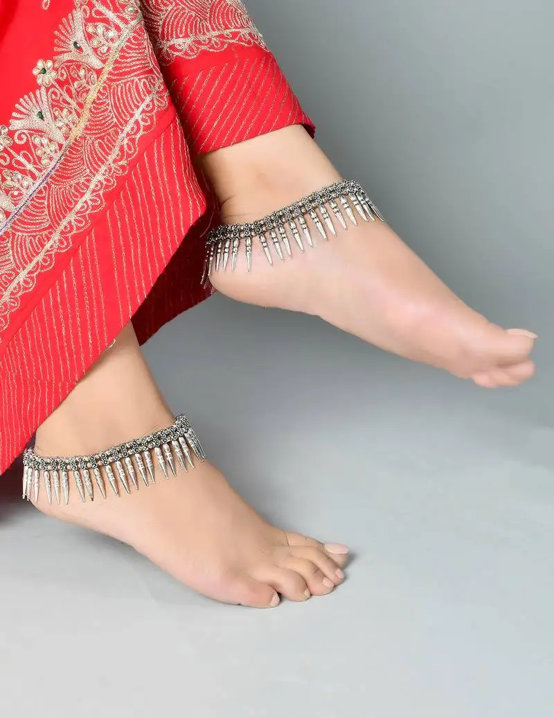 Set of 2 silver-plated oxidised beaded afghan anklets