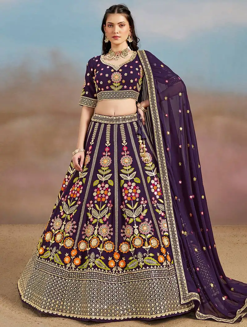 Bewitching purple sequins, zari, dori and multi color thread embroidered georgette designer wedding indian lehenga choli