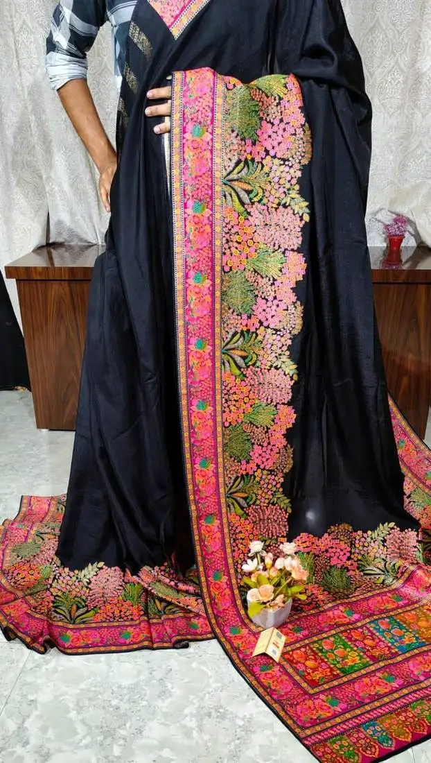 Navy blue pure karni tussar silk saree with blouse piece