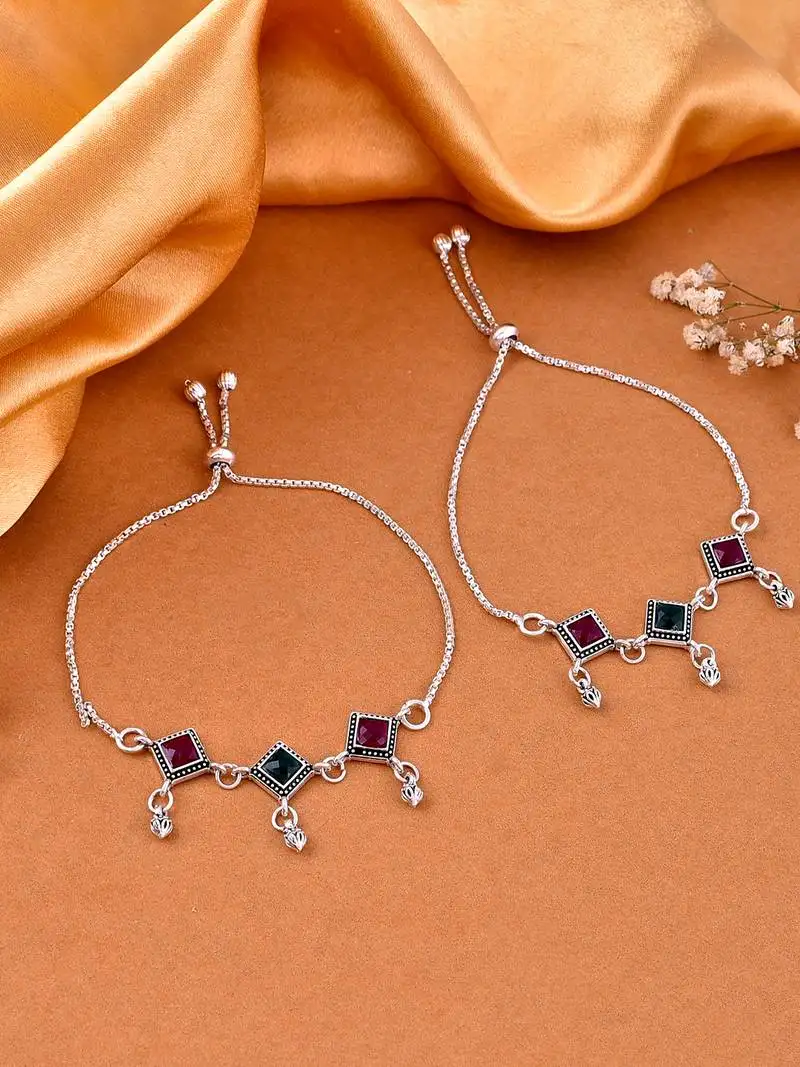 Silver-plated stone-studded anklets