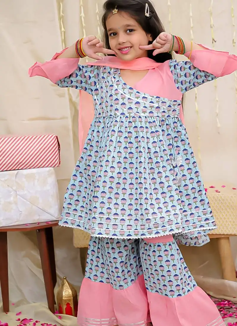 Turquoise printed cotton kurti and sharara for girls