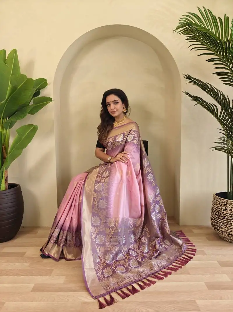 Pink silk blend sarees with zari weaves contrast pallu & designer border