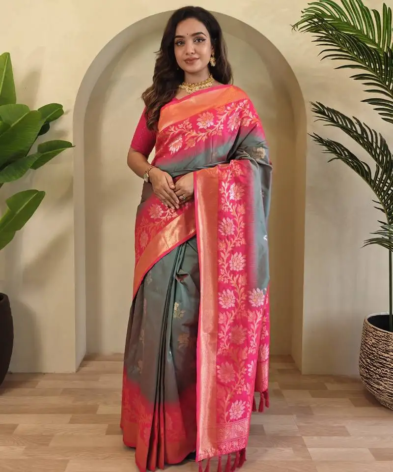 Grey silk blend sarees with zari weaves contrast pallu & designer border