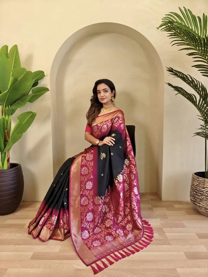 Black silk blend sarees with zari weaves contrast pallu & designer border