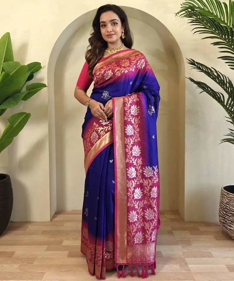 Violet silk blend sarees with zari weaves contrast pallu & designer border
