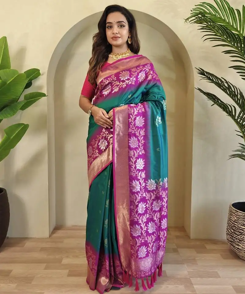 Teal silk blend sarees with zari weaves contrast pallu & designer border