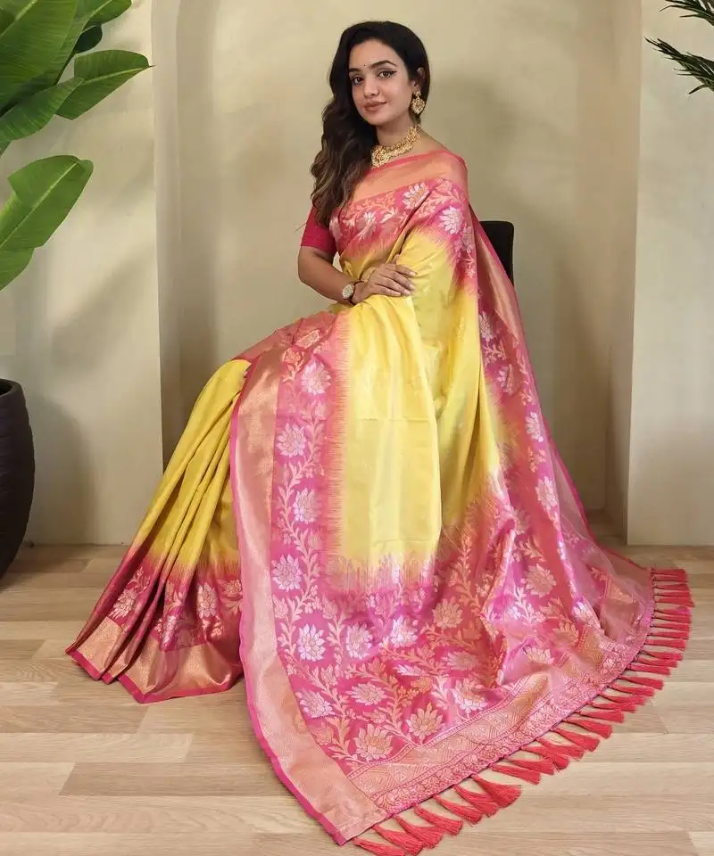 Yellow silk blend sarees with zari weaves contrast pallu & designer border