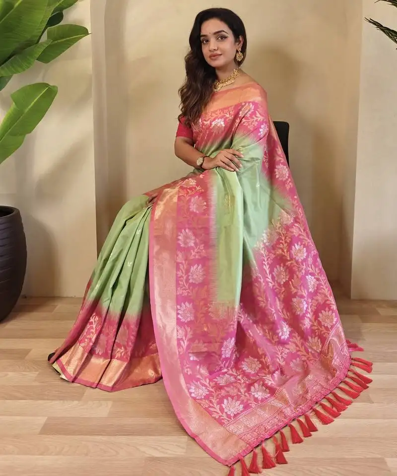 Light green silk blend sarees with zari weaves contrast pallu & designer border