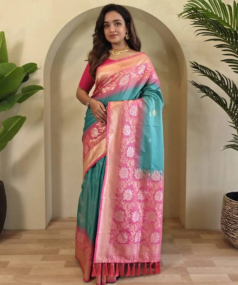 Sea green silk blend sarees with zari weaves contrast pallu & designer border