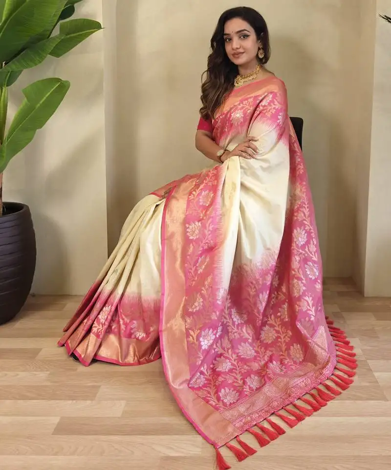 Off white silk blend sarees with zari weaves contrast pallu & designer border