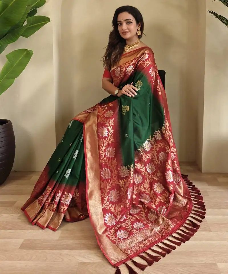 Green silk blend sarees with zari weaves contrast pallu & designer border