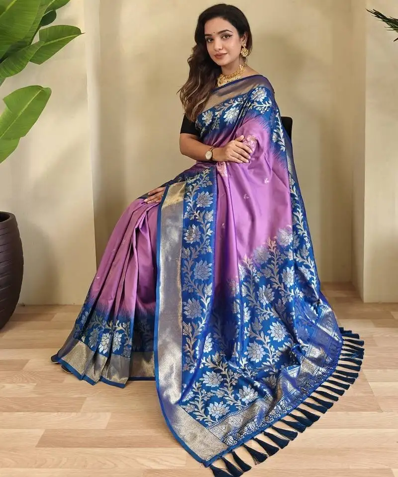 Lavender silk blend sarees with zari weaves contrast pallu & designer border
