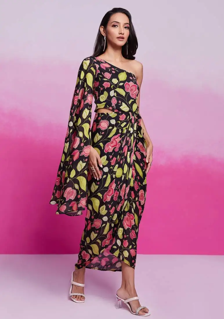 Tready black color chinon silk ready to wear printed co-ord set