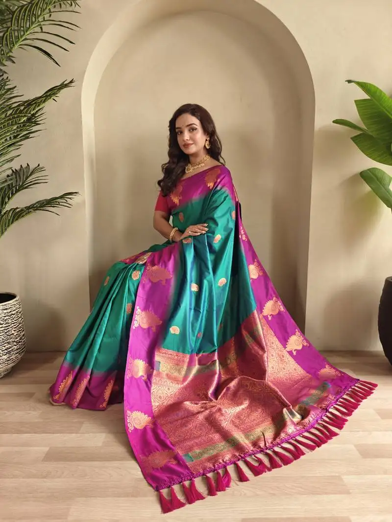 Sea green dual tone silk sarees with zari weaves contrast pallu & designer border