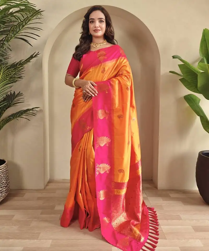 Yellow dual tone silk sarees with zari weaves contrast pallu & designer border