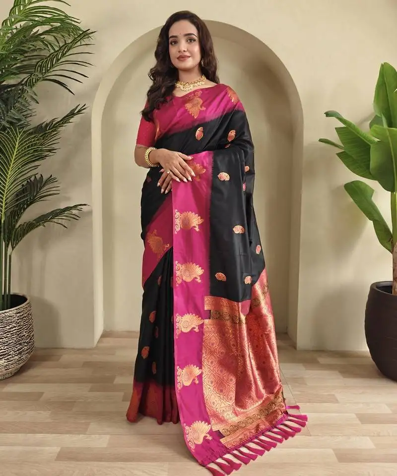 Black dual tone silk sarees with zari weaves contrast pallu & designer border