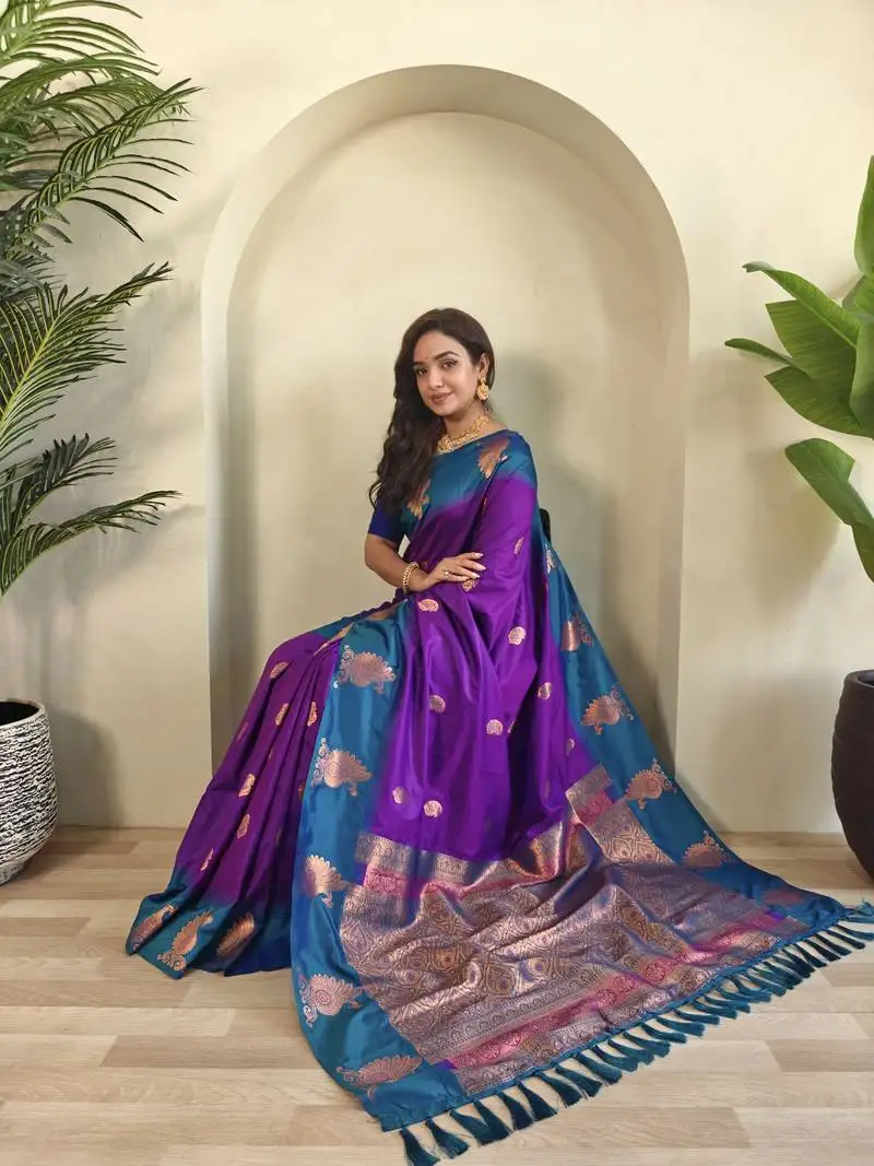 Purple dual tone silk sarees with zari weaves contrast pallu & designer border