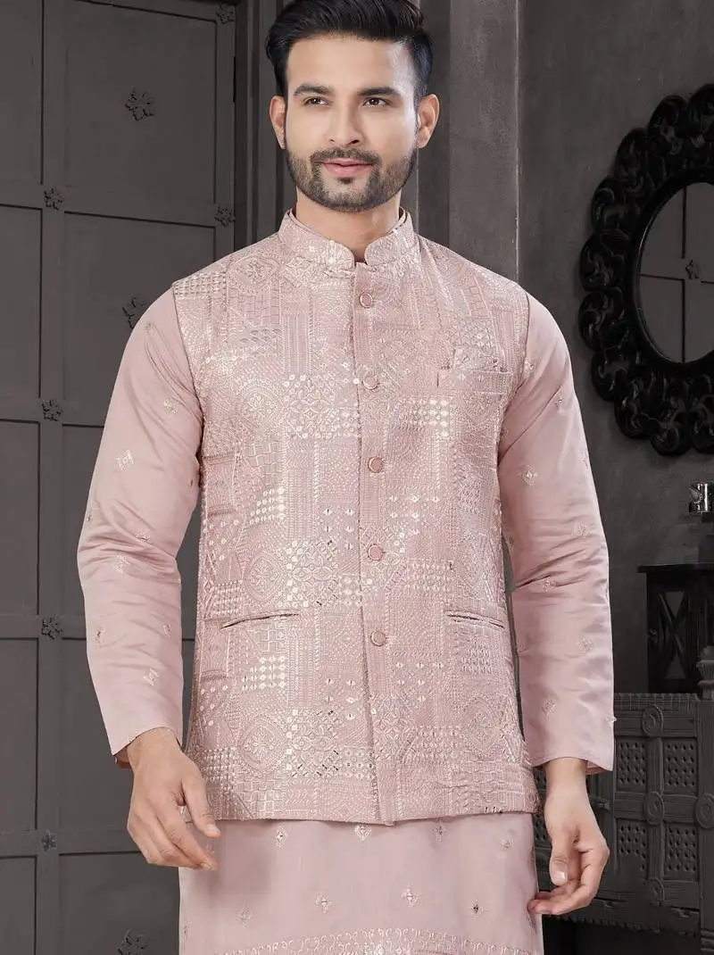Pink viscose with full embroidery kurta pyjama and sequence work jacket for mens wear