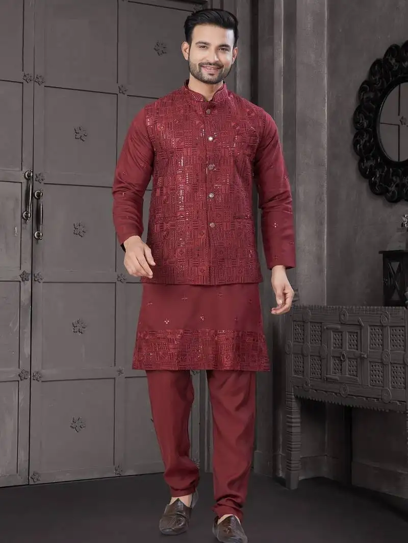 Maroon viscose with full embroidery kurta pyjama and sequence work jacket for mens wear