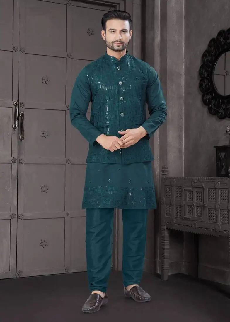 Dark green viscose with full embroidery kurta pyjama and sequence work jacket for mens wear
