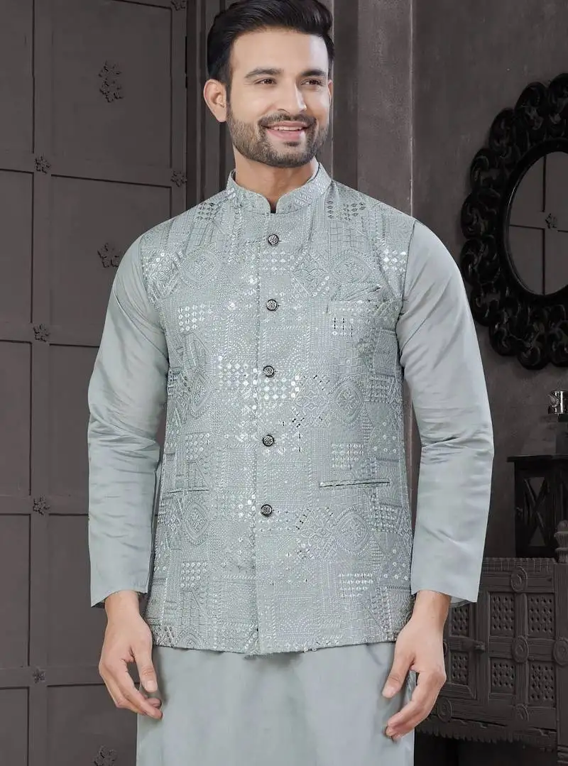 Sky blue viscose with full embroidery kurta pyjama and sequence work jacket for mens wear