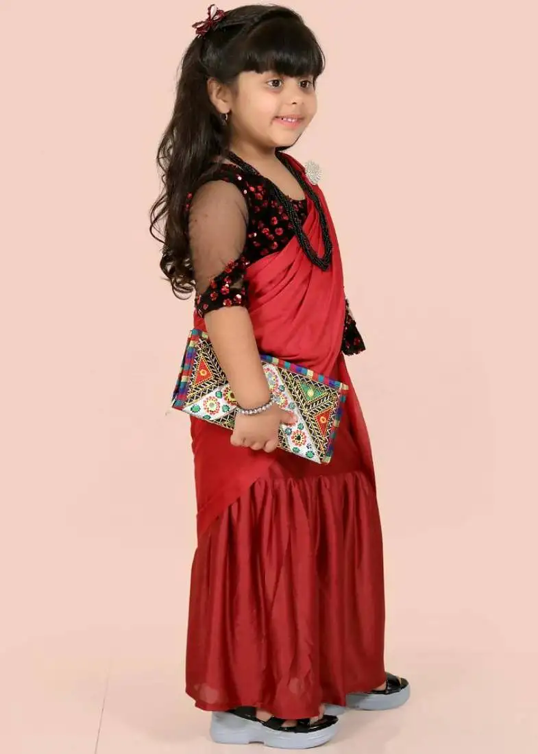 Maroon velvet plain pre stitched saree with stitched blouse for girls