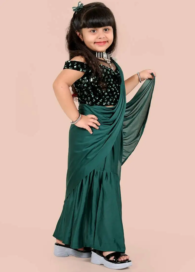 Green velvet plain pre stitched saree with stitched blouse for girls