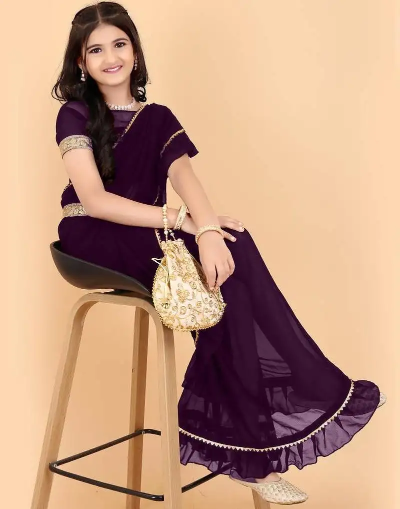Purple georgette plain pre stitched saree with stitched blouse for girls