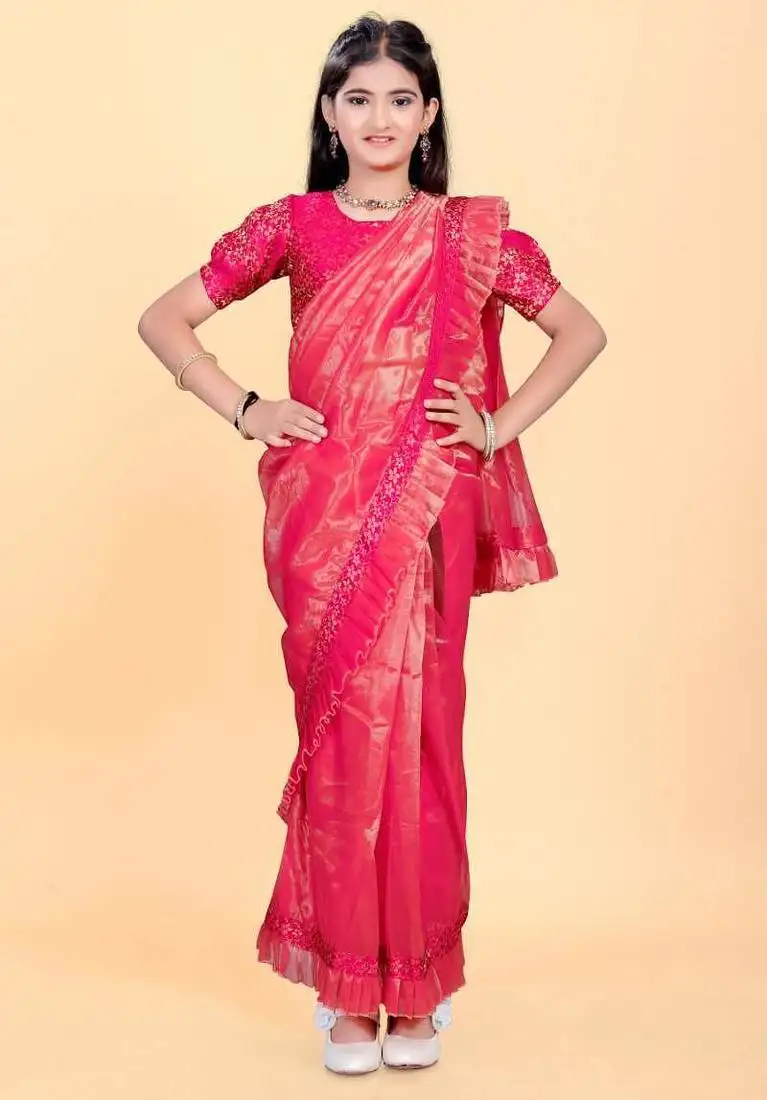 Pink jacquard printed pre stitched saree with stitched blouse for girls