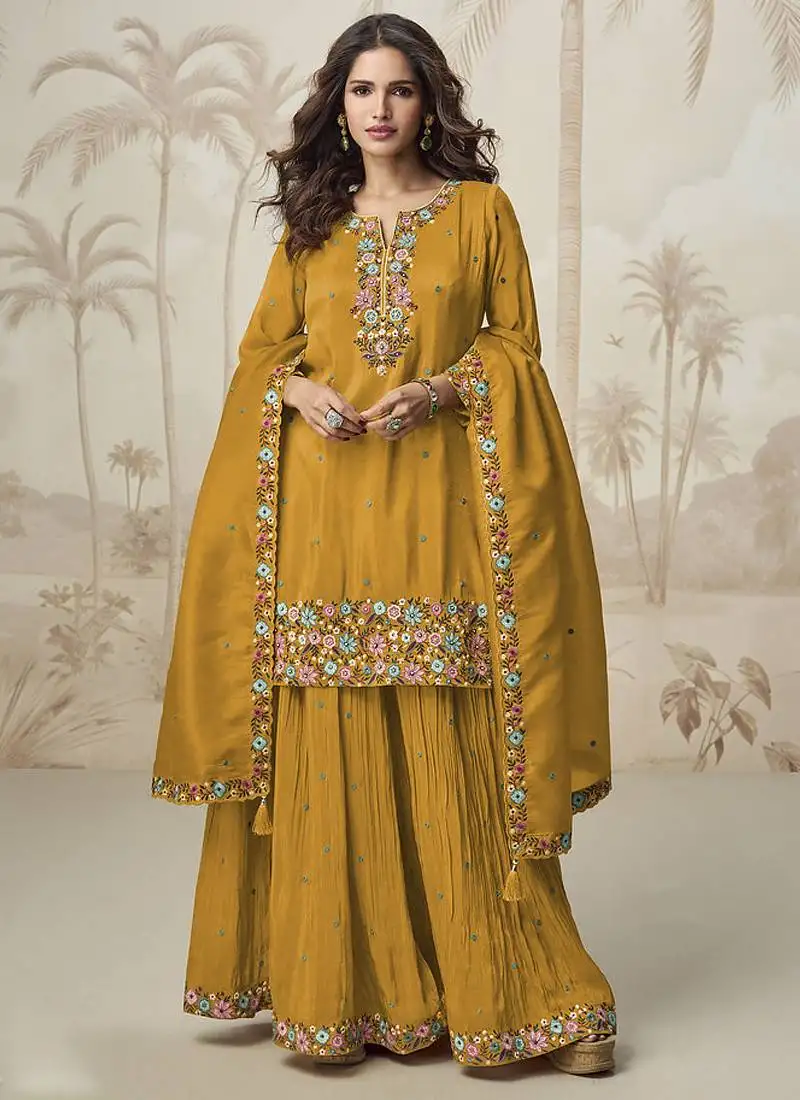 Yellow simar silk embroidered palazzo suit stitched