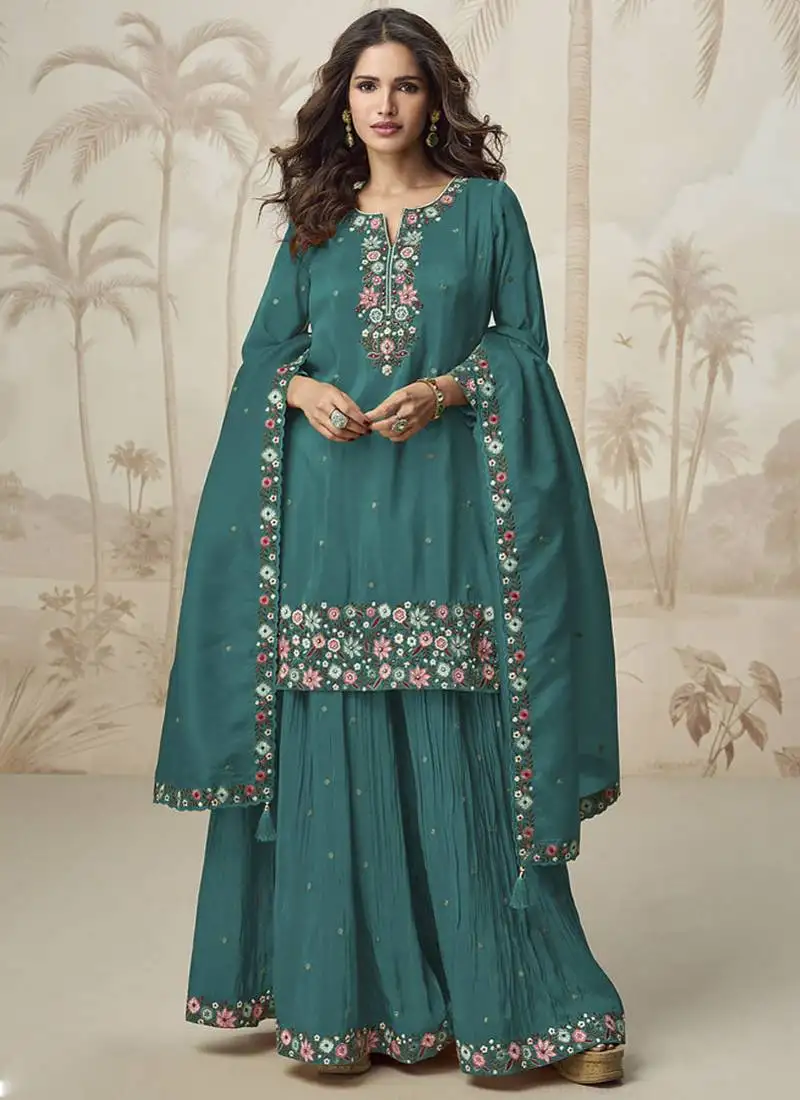 Turquoise simar silk embroidered palazzo suit stitched