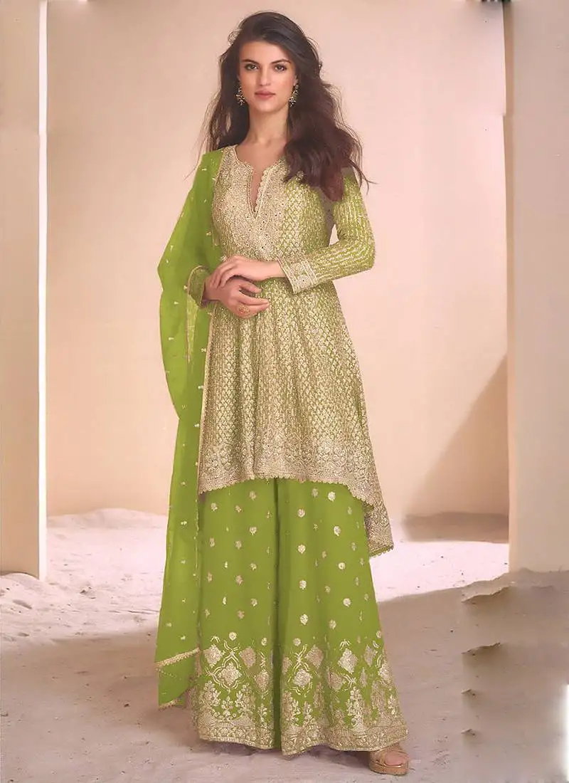 Light green georgette embroidered palazzo suit stitched