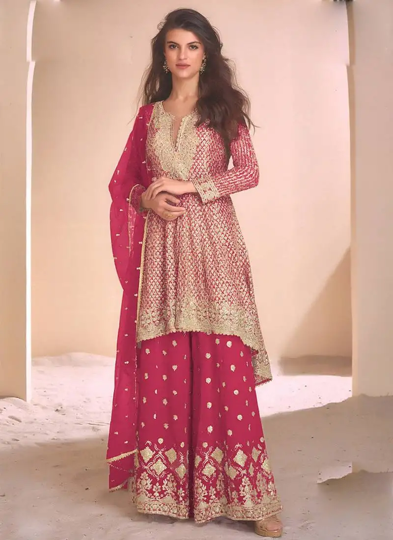 Pink georgette embroidered palazzo suit stitched
