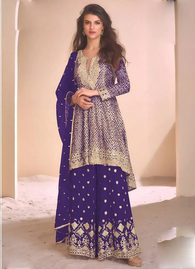 Violet georgette embroidered palazzo suit stitched