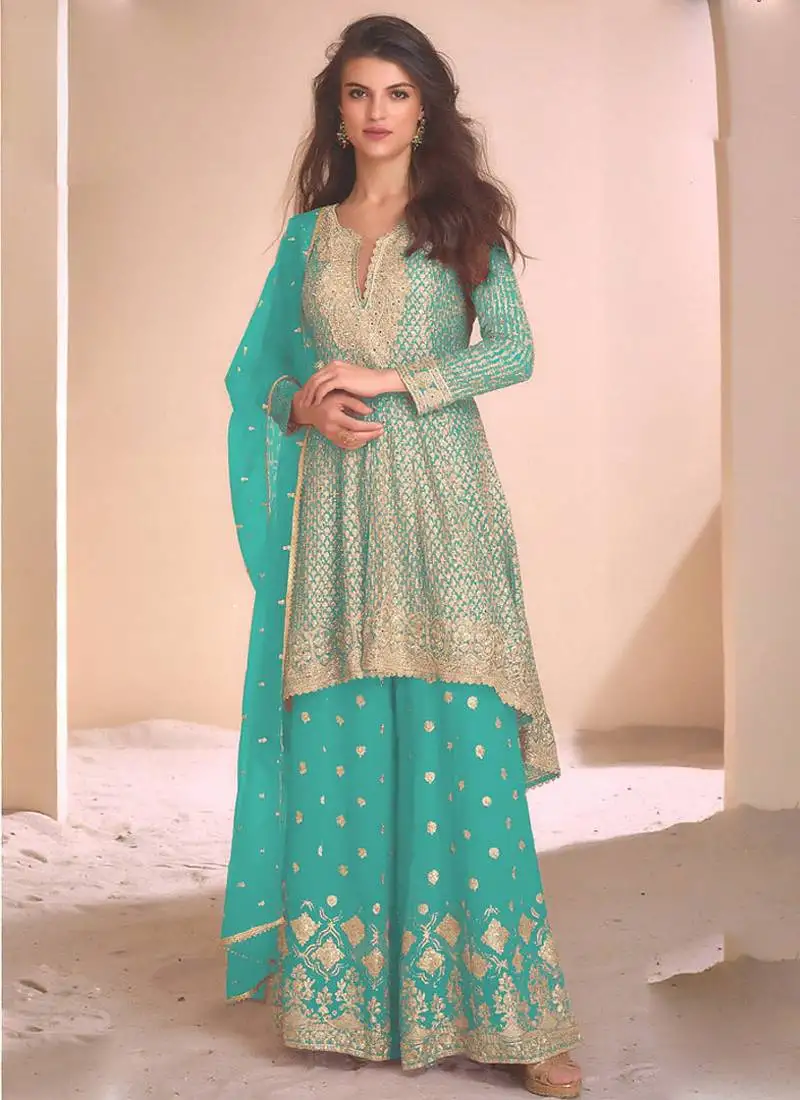 Sky blue georgette embroidered palazzo suit stitched