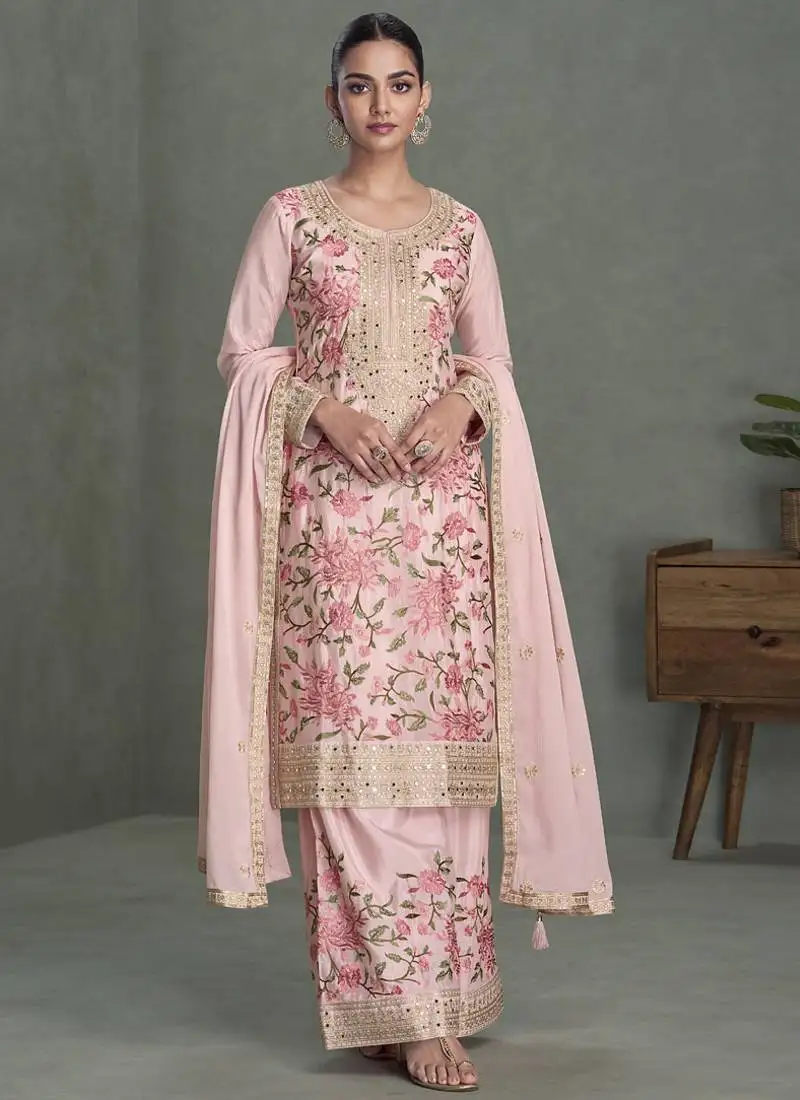 Baby pink chinon silk embroidered palazzo suit stitched