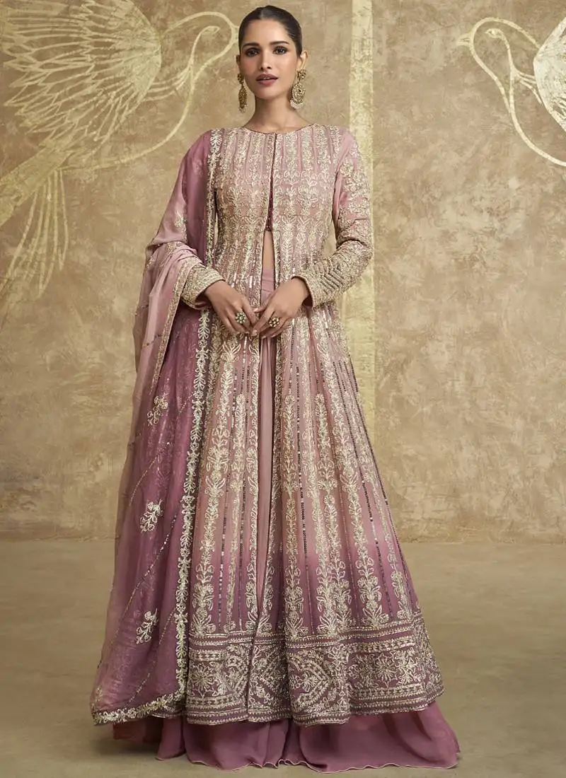 Peach georgette embroidered lehenga style suit stitched