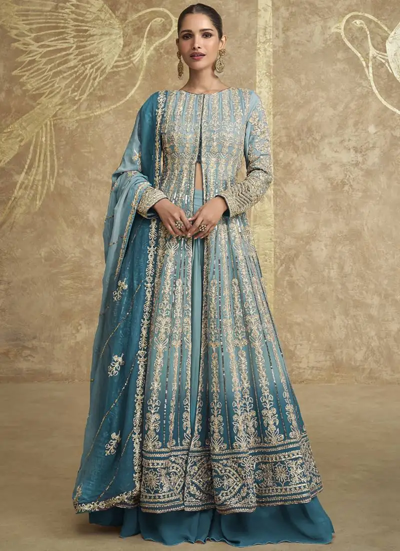 Sky blue georgette embroidered lehenga style suit stitched