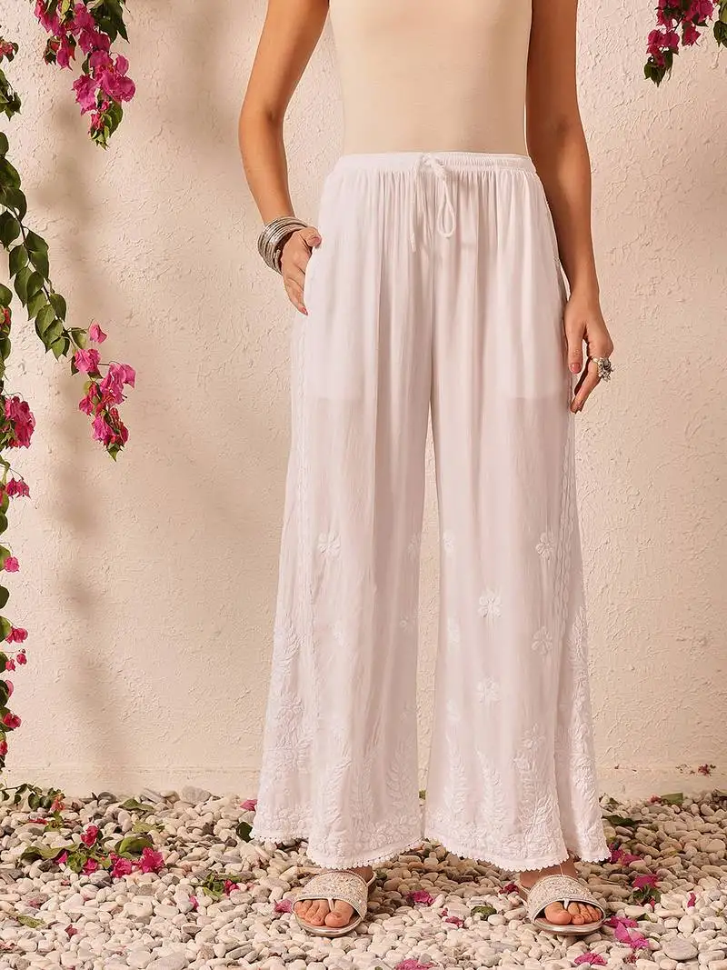 Hand embroidered white modal lucknowi chikankari palazzo