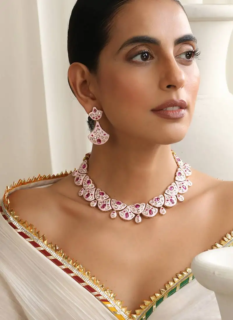 Gold plated pink stone choker necklace set