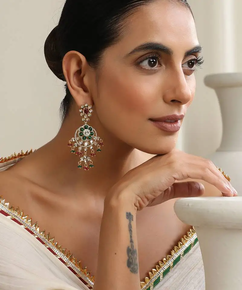 Gold plated multicolor dangler earrings