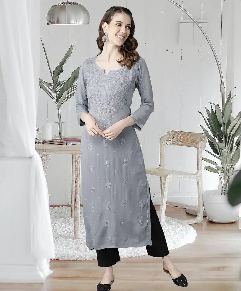 Hand embroidered grey viscose georgette lucknowi chikankari straight kurta