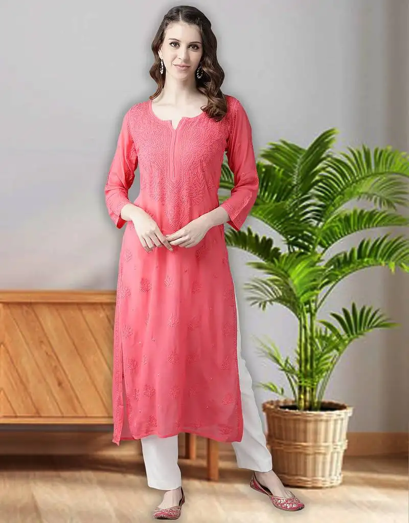 Hand embroidered carrot pink viscose georgette lucknowi chikankari straight kurta