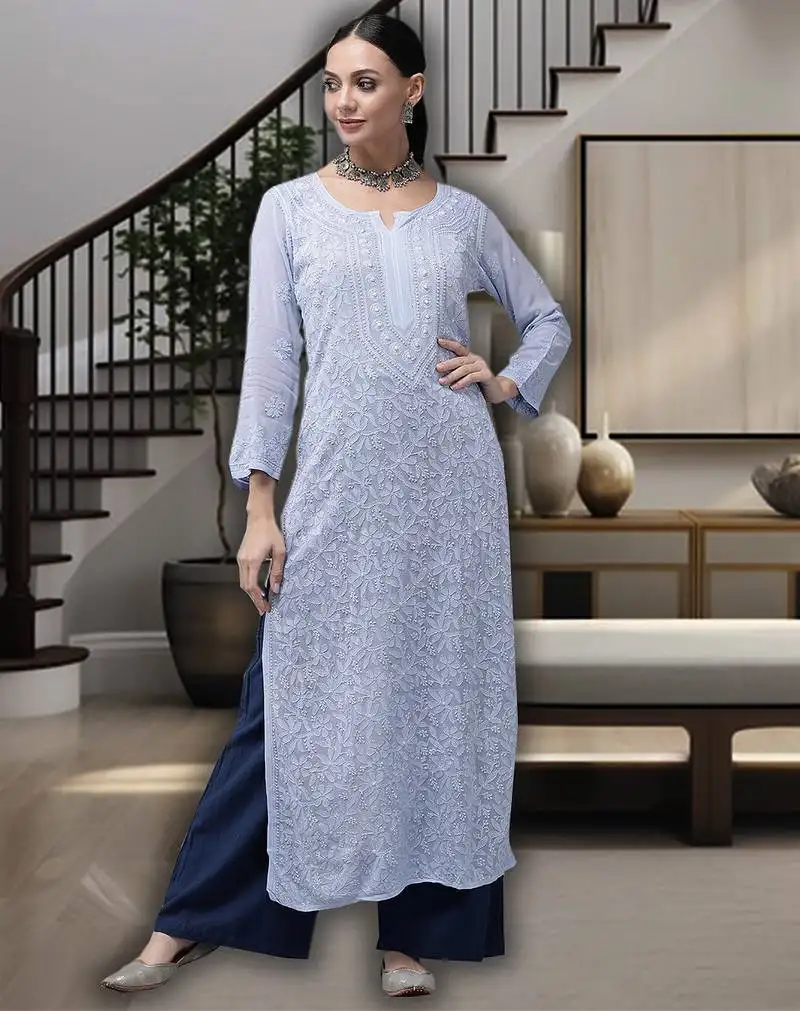 Hand embroidered blue viscose georgette lucknowi chikankari straight kurta