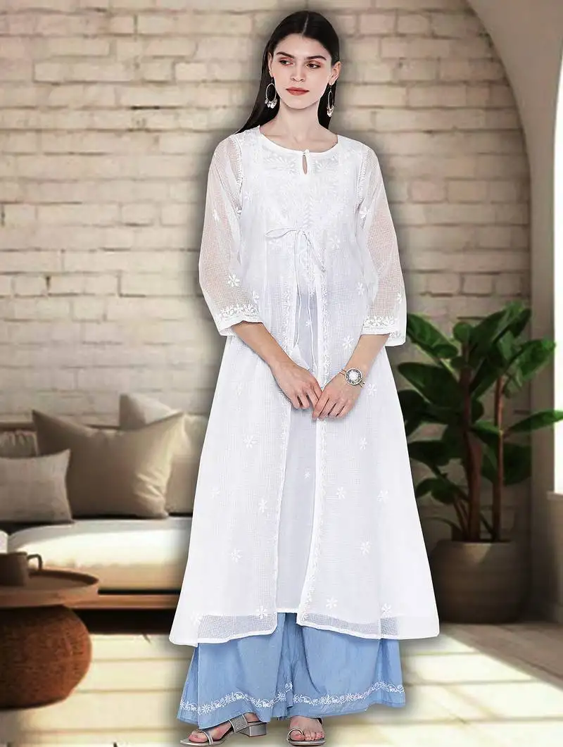 Hand embroidered white kota lucknowi chikankari a-line kurta
