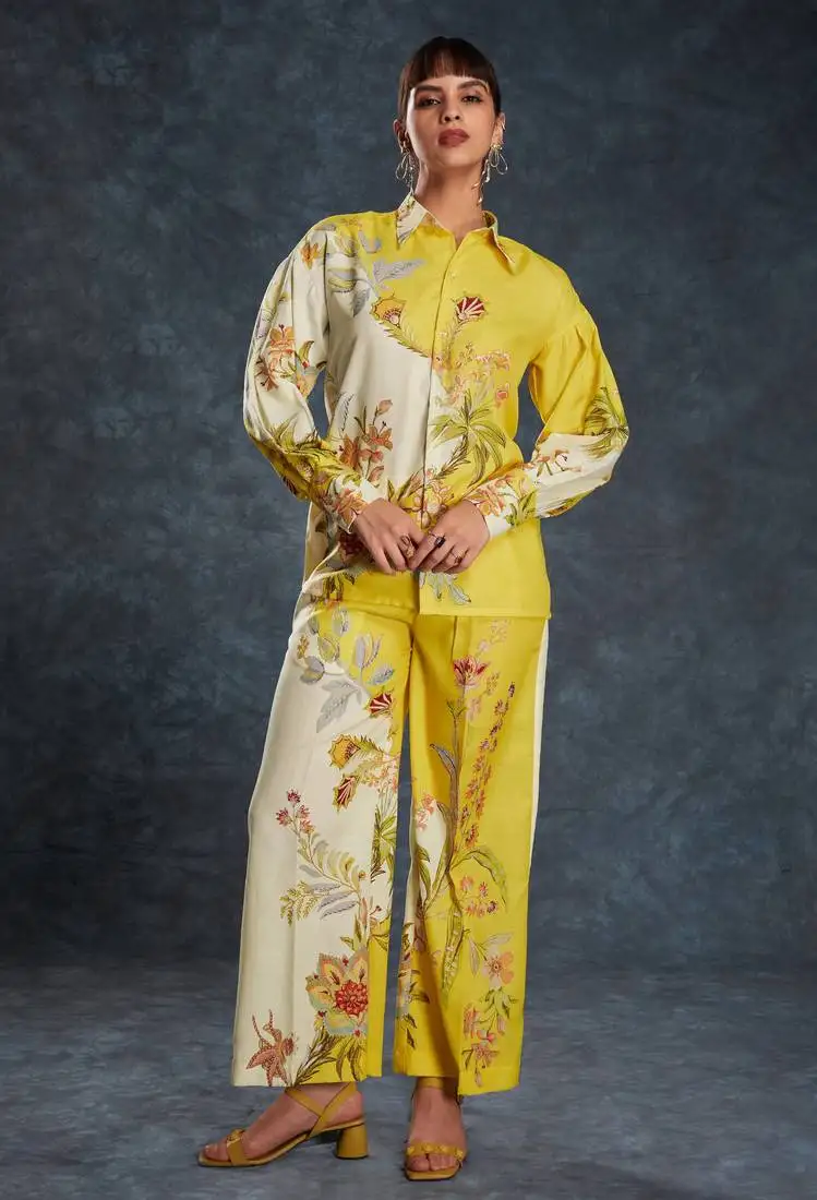 Adorable yellow floral printed linen casual wear co-ord set