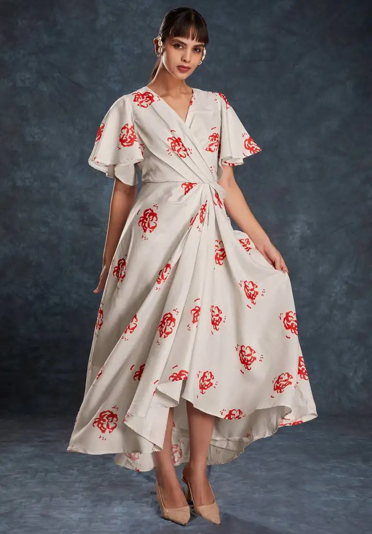 Cream printed linen western wear maxi dress