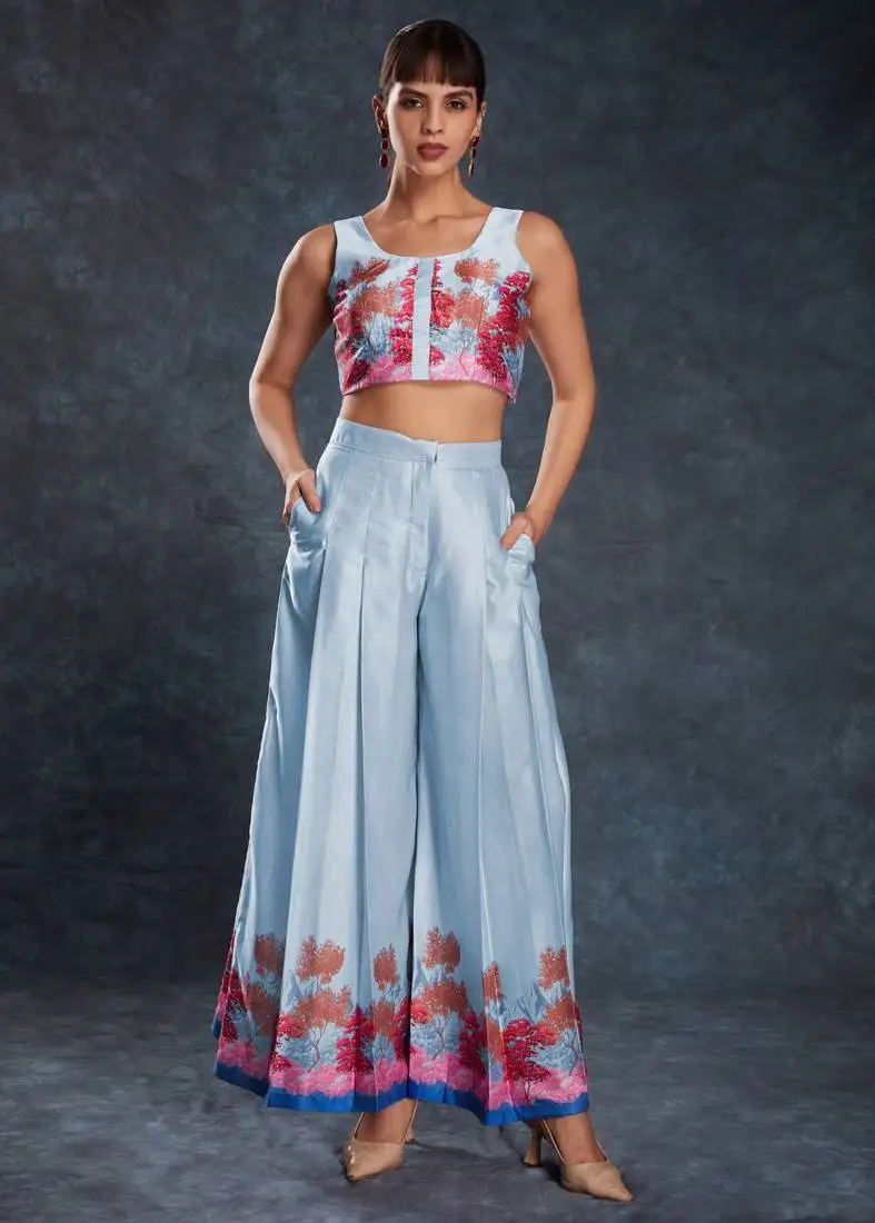 Charming sky blue digital printed linen party wear co-ord set