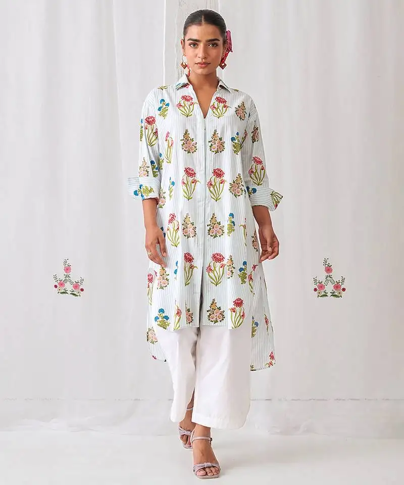 Aqua blue cotton floral printed kurta set